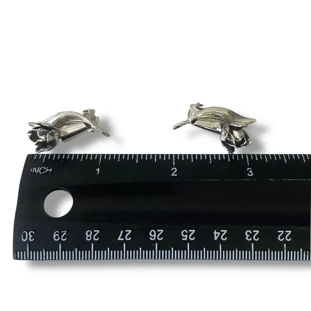 Vintage Clip on Earrings Tulip Flower Silver tone Metal Elegant Costume Jewelry